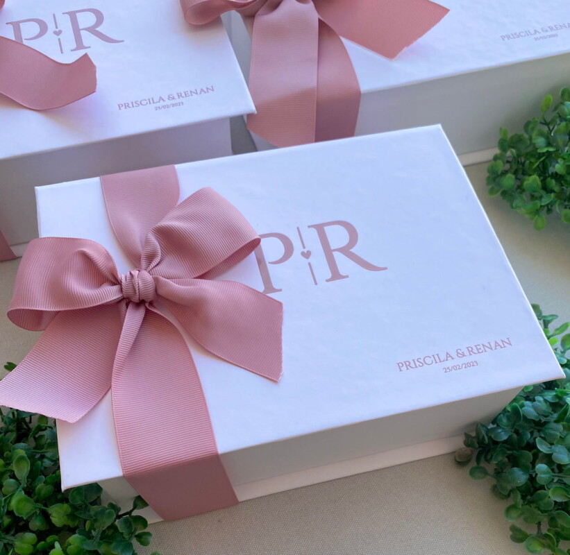 Caixa laço gorgurão – off white e rose - Prisma Convites